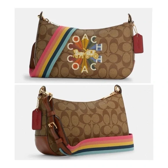 $328 Coach Jes Baguette Signature Canvas Radial Rainbow Leather Crossbody C6817 - Picture 2 of 16
